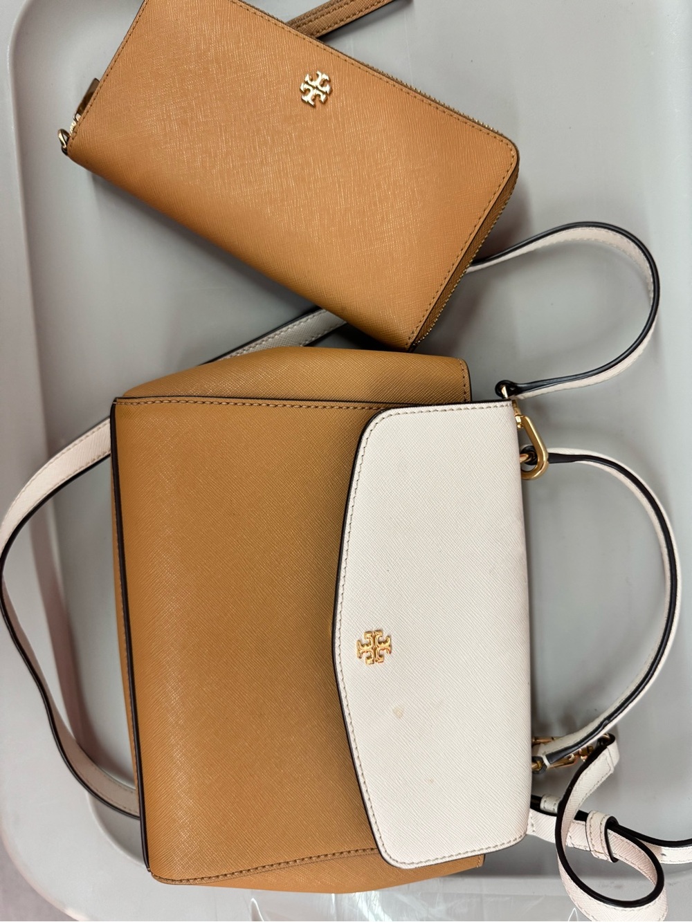 Tory Burch Tan and White Leather Crossbody with Gold Logo